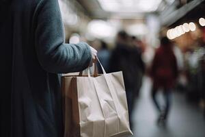 Frau halten Papier Einkaufen Taschen im Einkaufen Einkaufszentrum. schließen oben von weiblich Hände halten Einkaufen Taschen. Nahansicht Rückseite Aussicht von ein Person halten Einkaufen Tasche, ai generiert foto