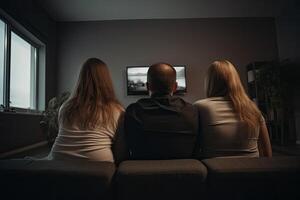 zurück Aussicht von Paar Aufpassen Film auf Fernseher im Leben Zimmer beim heim. ein Familie Rückseite Aussicht Sitzung zusammen und genießen Qualität Zeit, ai generiert foto