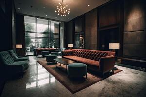 Luxus Hotel Empfangshalle Innere mit Sofas und Sessel, ein luxuriös Hotel Empfangshalle Innere mit ein komfortabel und stilvoll warten Bereich, ai generiert foto