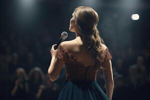 schön jung Frau Singen in ein Mikrofon auf ein dunkel Hintergrund. ein Oper Sänger voll Rückseite Aussicht Singen im Vorderseite von groß Publikum, ai generiert foto