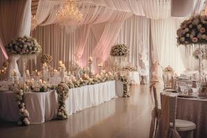 Hochzeit Bankett Tabelle dekoriert mit Blumen und Kerzen, schön dekoriert Hochzeit Tagungsort Innere, ai generiert foto