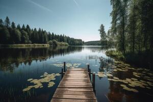 hölzern Seebrücke auf ein See im das Wald. schön Sommer- Landschaft. schön See Aussicht auf ein glänzend Sommer- Tag, ai generiert foto