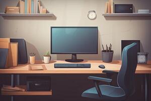 Arbeitsplatz mit Computer. Arbeitsplatz im ein modern Büro Illustration. dekoriert Büro Schreibtisch mit ein Computer und andere Schreibwaren, ai generiert foto