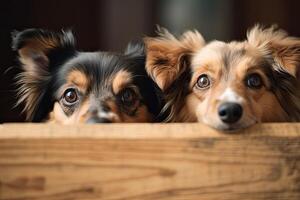 süß Hunde suchen aus von ein hölzern Kasten. selektiv Fokus. süß Hunde spähen Über ein hölzern Planke, ai generiert foto