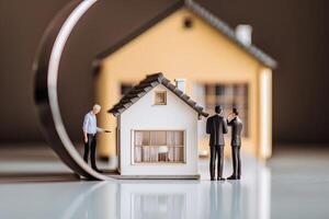 Hypothek Konzept. Miniatur Modell- von ein Haus mit ein Vergrößerung Glas. echt Nachlass Agent diskutieren Geschäft mit Mini Haus Modell, ai generiert foto