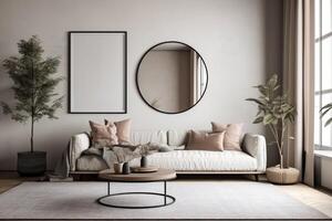 Innere von modern Leben Zimmer mit Weiß Sofa, runden Spiegel und Pflanze. 3d machen, doppelt Attrappe, Lehrmodell, Simulation Poster Rahmen auf das Mauer im ein Wohnzimmer, ai generiert foto