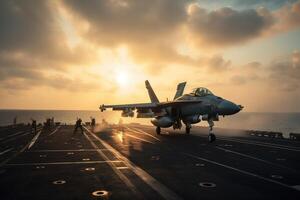 Kämpfer Flugzeug auf das Deck von ein Militär- Flugzeug Träger beim Sonnenuntergang, Kämpfer Jets sind nehmen aus von ein Flugzeug Träger, ai generiert foto