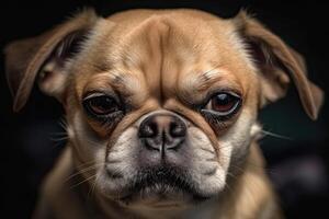 Porträt von ein reinrassig Hund, ein Französisch Bulldogge. komisch Hund angeekelt Gesicht schließen hoch, ai generiert foto