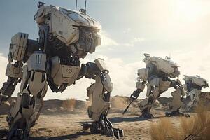 3d Rendern von ein Gruppe von Roboter im das Wüste beim Sonnenuntergang, futuristisch Militär- Roboter auf ein Schlachtfeld, ai generiert foto