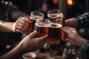 abgeschnitten Schuss von freunde Klirren Brille mit Bier beim Bar Schalter, Gruppe von Völker halten Bier auf Glas, ai generiert foto