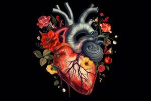 Illustration von Mensch Herz Anatomie mit Blumen und Blätter auf schwarz Hintergrund, Mensch Herz mit Blumen Liebe und Emotion Konzept, ai generiert foto