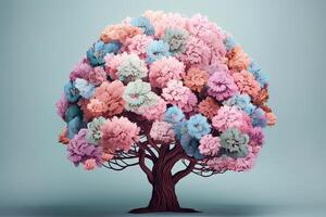 3d Rendern von ein stilisiert Baum mit Rosa und Blau Blumen, Baum mit Blumen selbst Pflege und mental Gesundheit, ai generiert foto