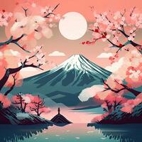 mt. Fuji und Kirsche Blüten im Japan, japanisch Kirsche Blüten und montieren Fuji, ai generiert foto