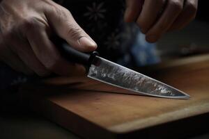 mans Hände Schärfung Messer auf hölzern Schneiden Tafel. selektiv Fokus. Messer Schärfung, ai generiert foto