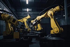 Clever Industrie Roboter Waffen zum Digital Fabrik Produktion Linie. Konzept von künstlich Intelligenz zum industriell Revolution, mechanisch Roboter Waffen Arbeiten im Fabrik, ai generiert foto