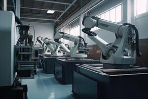 das industriell Roboter Versammlung Linie im ein Fabrik. Clever Industrie Konzept, mechanisch Roboter Waffen Arbeiten im Fabrik, ai generiert foto