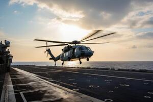 Hubschrauber auf das Deck von ein Flugzeug Träger beim Sonnenuntergang. Militär- Hubschrauber Landung auf ein Flugzeug Träger, ai generiert foto