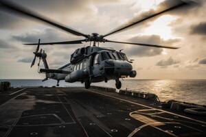 königlich australisch Marine sikorsky Hubschrauber auf das Deck von ein königlich australisch Marine Schiff. Militär- Hubschrauber Landung auf ein Flugzeug Träger, ai generiert foto