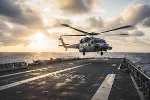 Hubschrauber auf das Deck von ein Kriegsschiff beim Sonnenuntergang. Militär- Hubschrauber Landung auf ein Flugzeug Träger, ai generiert foto