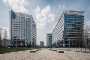 modern Büro Gebäude im das Stadt von Düsseldorf, Deutschland, modern echt Nachlass Gebäude und Büros im das städtisch Bereich, ai generiert foto