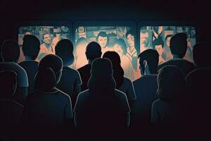 Gruppe von Menschen Aufpassen Fernseher im das dunkel Zimmer. getönt Bild, Menschen Menge Aufpassen Fernseher im dunkel Hintergrund, ai generiert foto