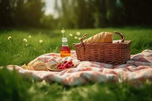 Picknick Korb mit Croissants und Marmelade auf Decke auf Grün Gras, Picknick Stoff Blatt auf ein Grün Feld mit ein Picknick Korb, ai generiert foto