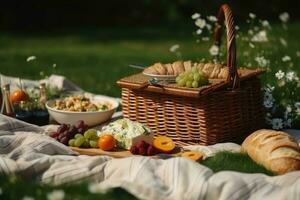 Picknick auf das Gras im das Park. Picknick Korb mit Käse, Trauben, Croissants und Früchte. Picknick Stoff Blatt auf ein Grün Feld mit ein Picknick Korb, ai generiert foto