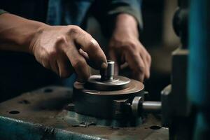 das Mann ist Arbeiten mit ein Drehbank im das Fabrik. das Konzept von Herstellung. Fachmann industriell Arbeitskräfte Hände schließen oben Sicht, ai generiert foto