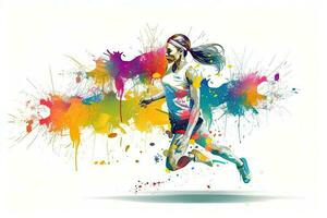 bunt Illustration von ein jung Frau Laufen mit bunt Spritzer. Laufen Leichtathletik Sport Frauen bunt Spritzen, ai generiert foto