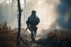 vereinigt Zustände Marine Besondere Kräfte Soldat im Aktion während ein taktisch Betrieb auf ein Wald Feuer, Soldat Gehen durch ein rauchig Krieg Feld, ai generiert foto