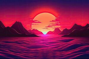 Sonnenuntergang Über das Meer und Berge, Illustration, Synthwave Sonnenuntergang Landschaft 80er Jahre retro Synthwave Farbe, ai generiert foto