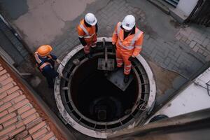 Overhead Aussicht von Arbeitskräfte im Uniform und Helme Arbeiten beim Konstruktion Grundstück, Arbeitskräfte Stehen im Vorderseite von ein öffnen Mannloch oben , ai generiert foto