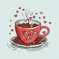 Tasse von Kaffee mit Herz. Illustration im Hand gezeichnet Stil. Kaffee Valentinsgrüße Tag Clip Art, ai generiert foto