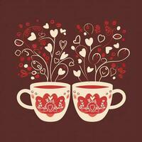 Valentinstag Tag Gruß Karte mit zwei Tassen und Herzen. Kaffee Valentinsgrüße Tag Clip Art, ai generiert foto