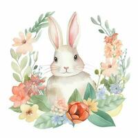 Aquarell süß Hase mit ein Blumen- Kranz isoliert auf Weiß Hintergrund. Blumen- Ostern Hase Clip Art, ai generiert foto