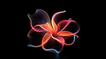 Mehrfarbig Neon- Licht Zeichnung, abstrakt gestalten Blumen isoliert auf schwarz Hintergrund. glühend Linie Kunst. das Erleuchtung von beschwingt Glanz von Neon- Blume, generativ ai Illustration foto