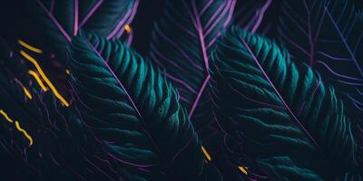 Urwald tropisch Blätter Hintergrund im Neon- Licht. ai generiert foto