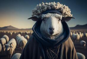 anthropomorph Schaf im Mensch Kleid. ai generiert foto