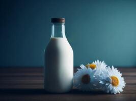 Milch Flasche auf hölzern Tisch. ai generiert foto