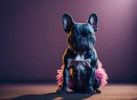 schwarz Französisch Bulldogge Sitzung im ein Rosa Ballettröckchen. ai generiert foto