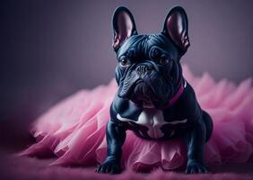 schwarz Französisch Bulldogge Sitzung im ein Rosa Ballettröckchen. ai generiert foto
