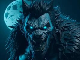 unheimlich Werwolf mit öffnen Mund und groß Zähne auf dunkel Hintergrund. Halloween Monster. ai generiert foto
