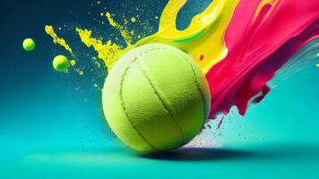 Tennis Ball mit bunt Gemälde Spritzer. ai generiert foto