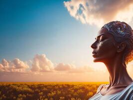 jung Frau mit geschlossen Augen meditieren auf schön Natur Szene beim Sonnenuntergang. ai generiert foto