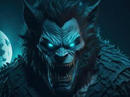 unheimlich Werwolf mit öffnen Mund und groß Zähne auf dunkel Hintergrund. Halloween Monster. ai generiert foto