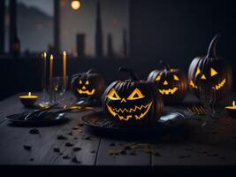 gespenstisch unheimlich Kürbis auf das Tisch, Halloween. ai generiert foto