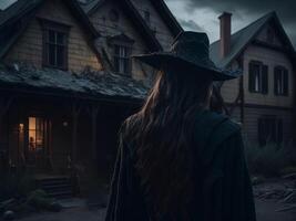 Hexe im schwarz Kleider in der Nähe von alt dunkel hölzern Haus. Halloween Hintergrund. ai generiert foto