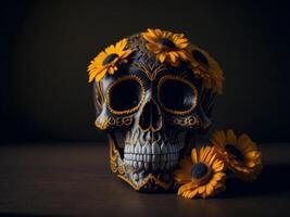 Zucker Schädel mit Blumen auf schwarz Hintergrund. ai generiert foto