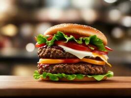 frisch saftig Hamburger auf Tisch. ai generiert foto