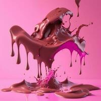 Schokolade spritzt auf Rosa Hintergrund, ai generiert foto